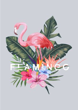 flamingo and tropical leaf illustration clipart