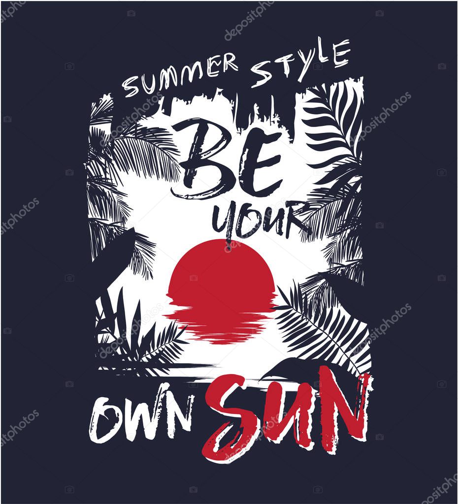 summer slogan with tropical leaf and sun