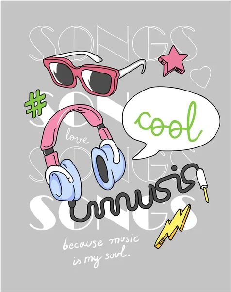 Lema Musical Con Gafas Sol Ilustración Auriculares — Vector de stock