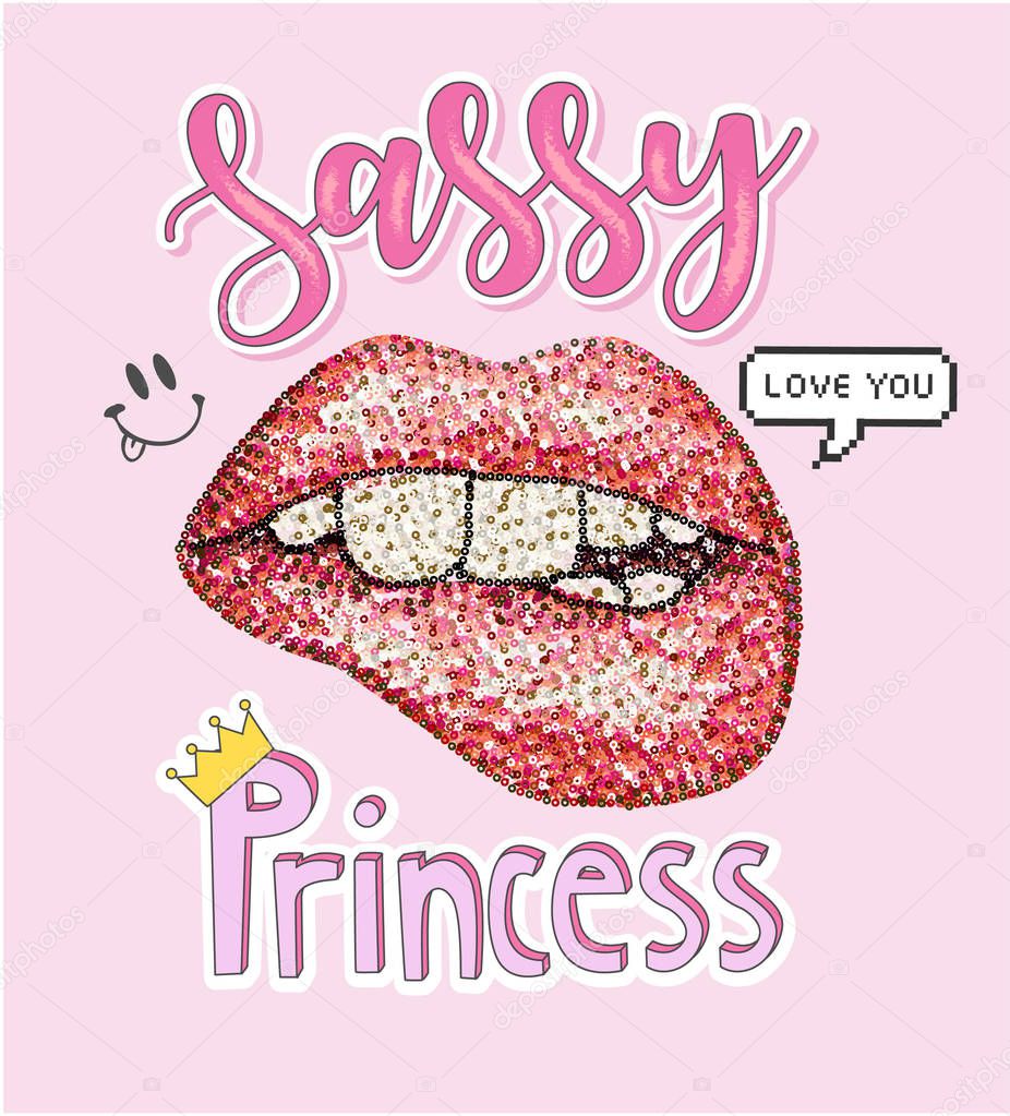 slogan with lips glitter sequins illustration