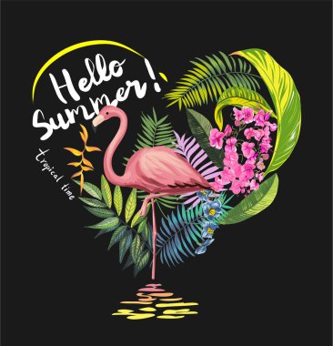 flamingo çizim ile tropik çiçekler
