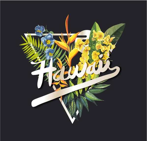 Hawaii Grafisk Slogan Med Tropiska Blommor Och Palm Leafs Illustration — Stock vektor