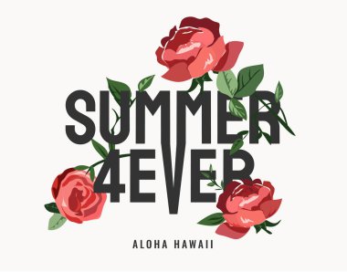 yaz sonsuza dek sloganı ile kırmızı gül vektör grafiği