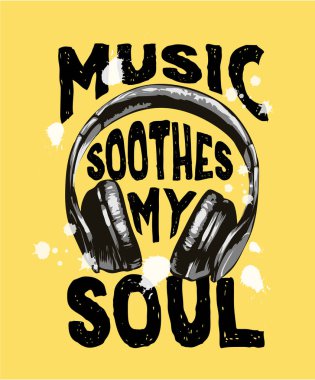 siyah ve beyaz kulaklık illüstrasyon müzik sloganıyla