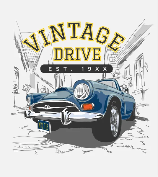 Slogan Vintage Com Carro Vintage Ilustração Cidade — Vetor de Stock