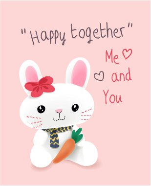 happy slogan with cute cartoon rabbit and carrot illustration