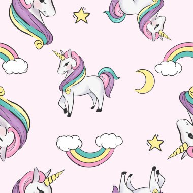 açık pembe arka plan üzerinde unicorn karikatür illüstrasyon dikişsiz desen
