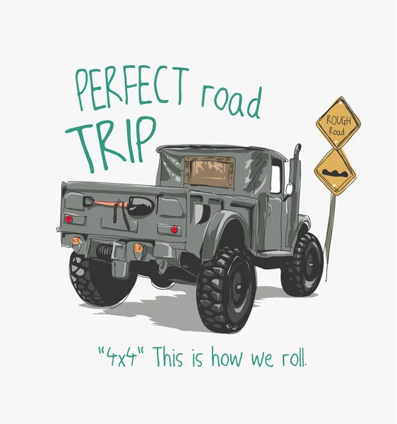 Strada Viaggio Slogan Con Cartone Animato Camion Illustrazione — Vettoriale Stock