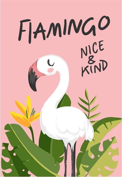 Karikatür Flamingo Palmiye Yaprakların Illüstrasyon Ile Slogan — Stok Vektör