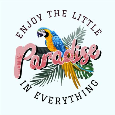 macaw kuş ve palmiye yaprağı illüstrasyon ile cennet sloganı