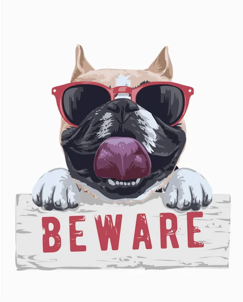 Bull Dog Cartoon Illustration Holding Beware Sign — Stock Vector