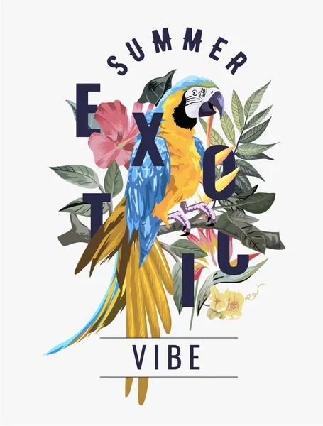 summer exotic slogan with macaw bird in exotic forest