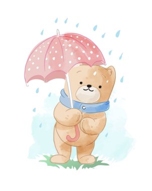 yağmur illüstrasyon sevimli karikatür ayı