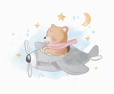 uçak illüstrasyon sevimli karikatür ayı