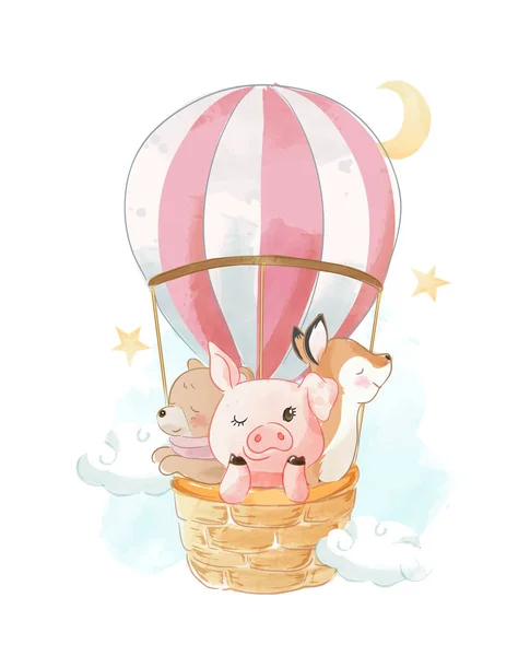 Animaux Dessin Animé Sur Illustration Ballon Air Chaud — Image vectorielle