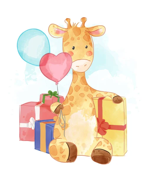 Żyrafa Kreskówkowa Siedząca Prezentowanymi Pudełkami Balonami — Wektor stockowy