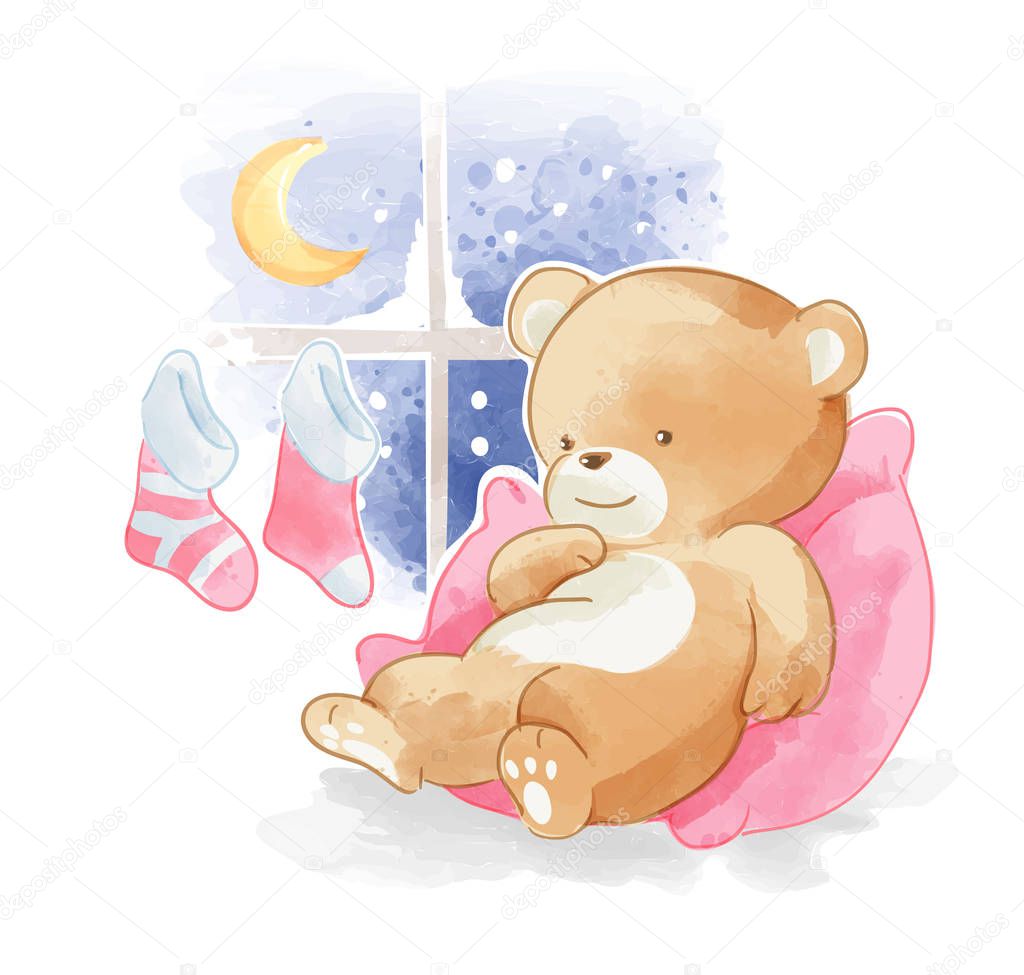 cute bear sleeping by the window illustration