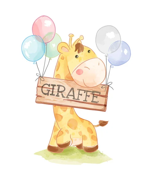 Bonito Cartoon Girafa Girafa Sinal Madeira Balões Ilustração — Vetor de Stock