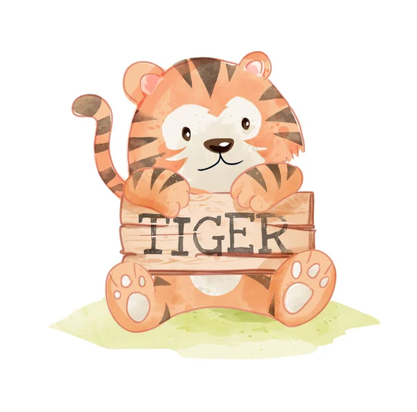 Tigre Bonito Segurando Ilustração Sinal Madeira Tigre — Vetor de Stock