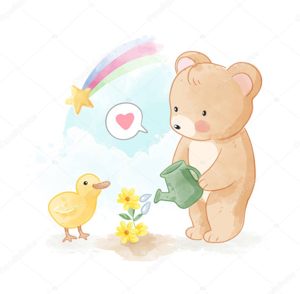 Cute Bear and Little Duck Watering Little FLower Illustration