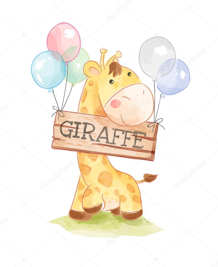 Cute Cartoon Giraffe and Giraffe wood sign on Balloons Illustration