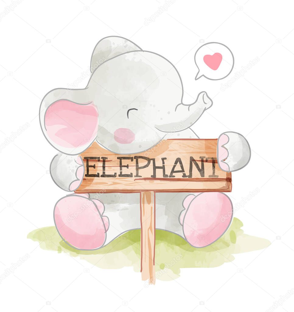 Cute Elephant Holding Elephant Wood Sign Illustration