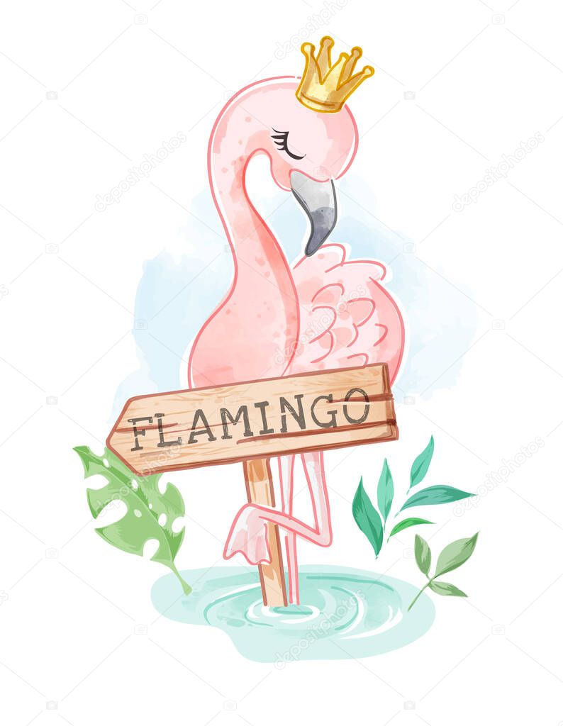 Flamingo in the Crown and Wood Sign Illustration