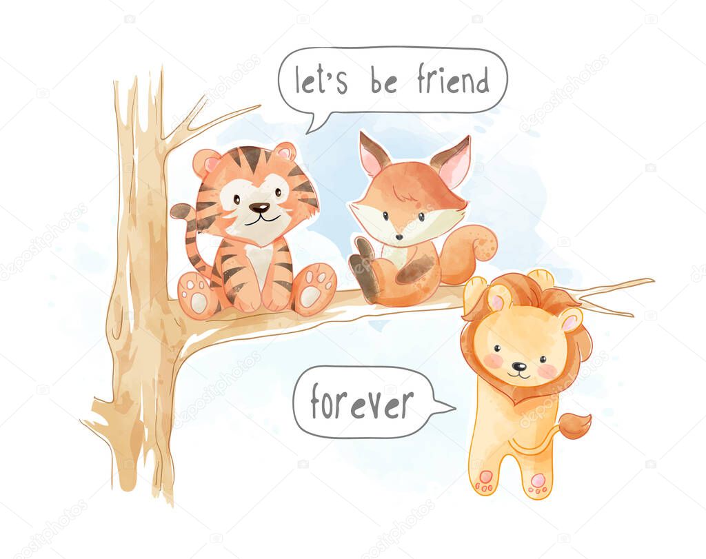 Little Cute Animal Friends on Tree Branch Illustration