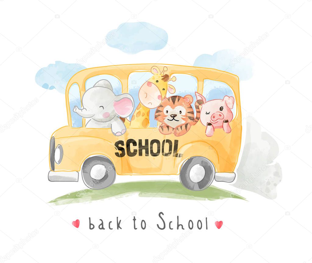 Cartoon Animals Friends on School Bus Illustration
