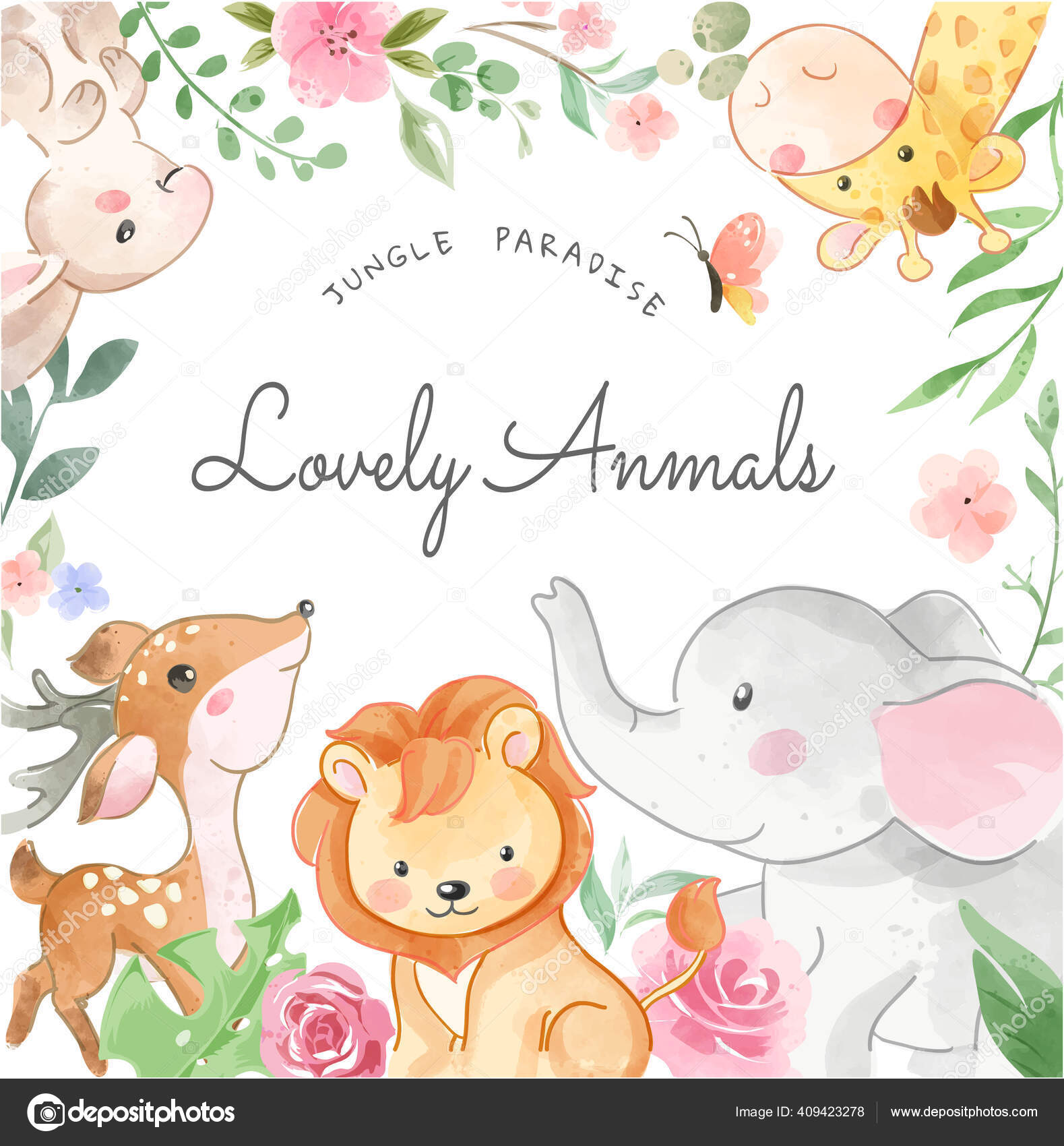 素敵な動物とカラフルな花のイラスト Square Frame ストックベクター C Mykrit
