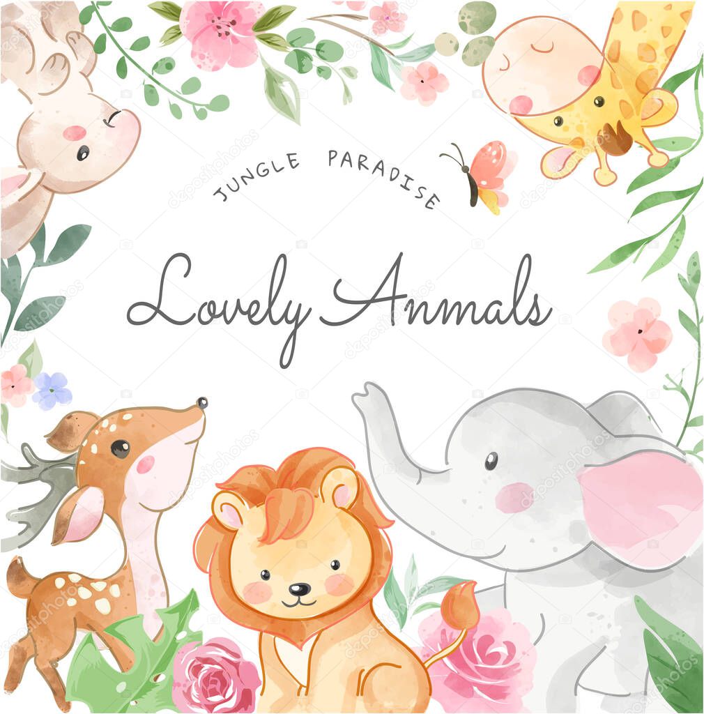 Lovely Animals and Colorful Flowers Illustration in Square Frame