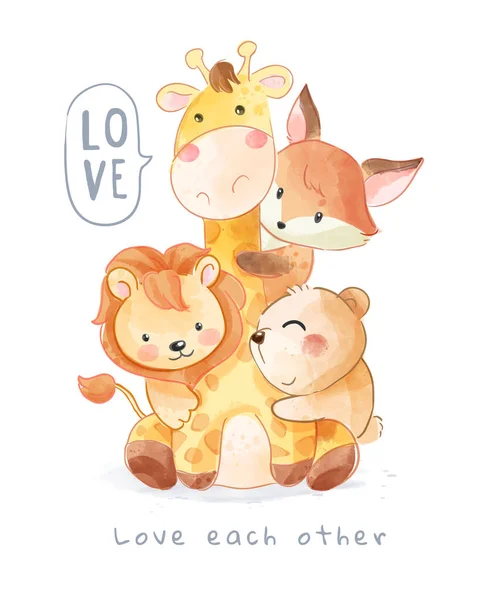 Adoráveis Animais Abraçando Uns Aos Outros Ilustração Dos Desenhos Animados —  Vetores de Stock