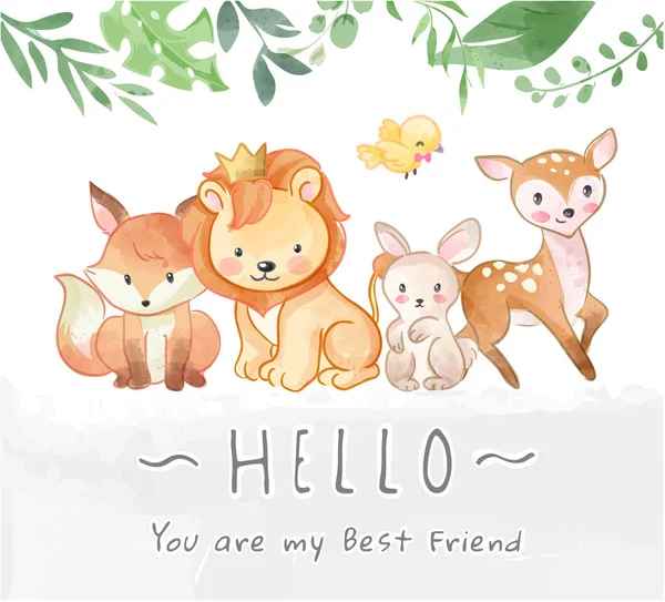Χαριτωμένα Άγρια Ζώα Φιλία Και Hello Slogan Εικονογράφηση — Διανυσματικό Αρχείο