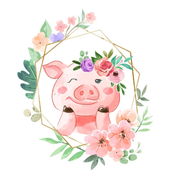 Schattig Varken Bloemkroon Bloemkader Illustratie — Stockvector