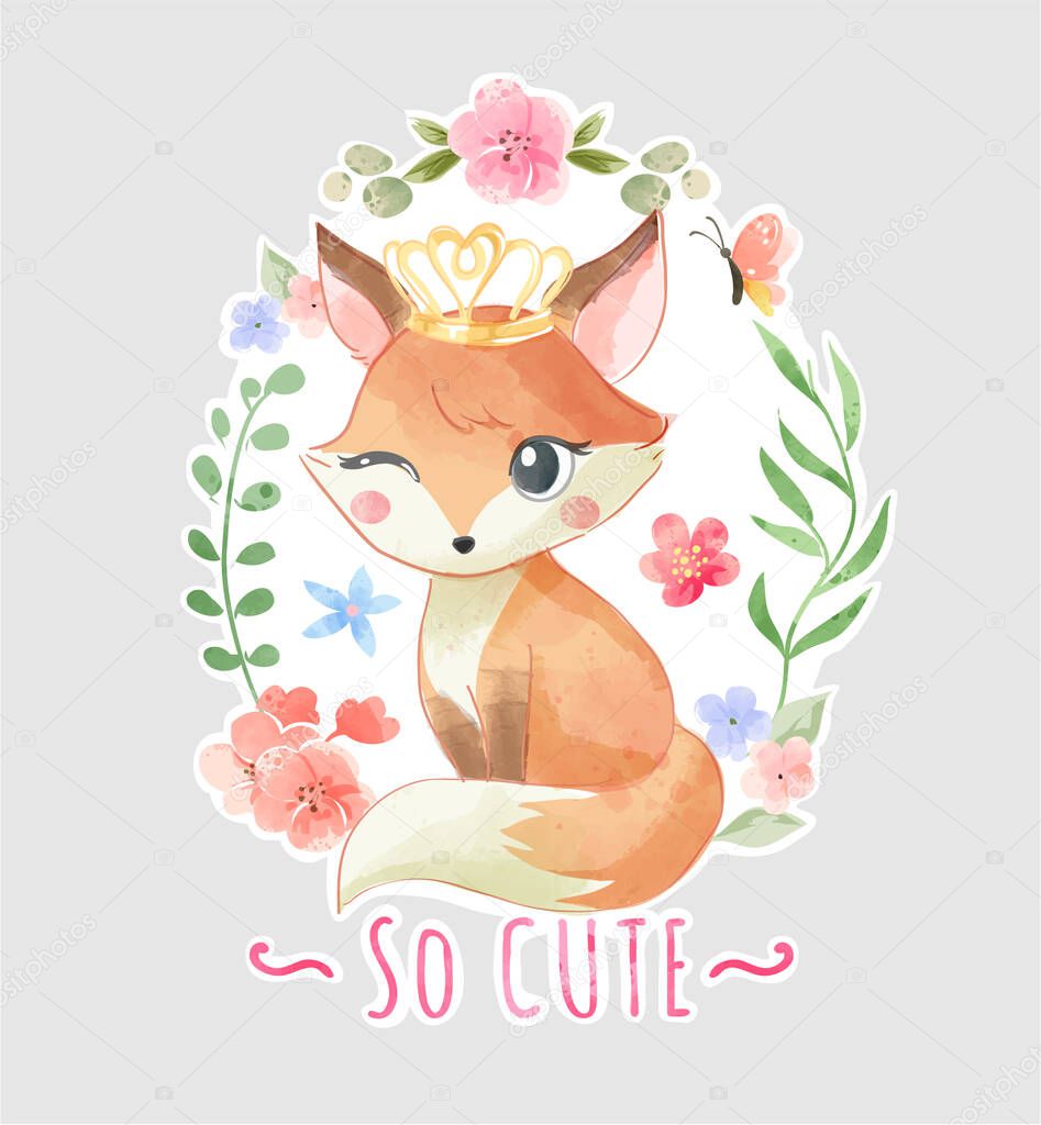 Cute Fox with Crown in Floral Frame Illustration