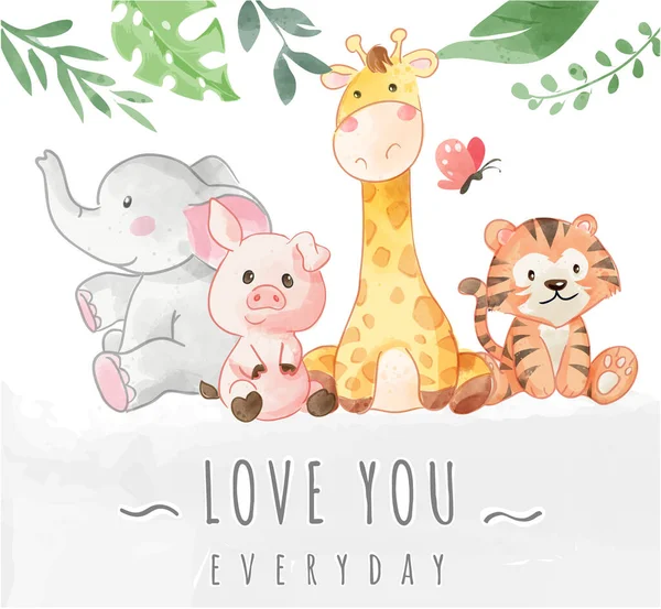 Cute Dzikie Zwierzę Przyjaciel Love Slogan Ilustracja — Wektor stockowy