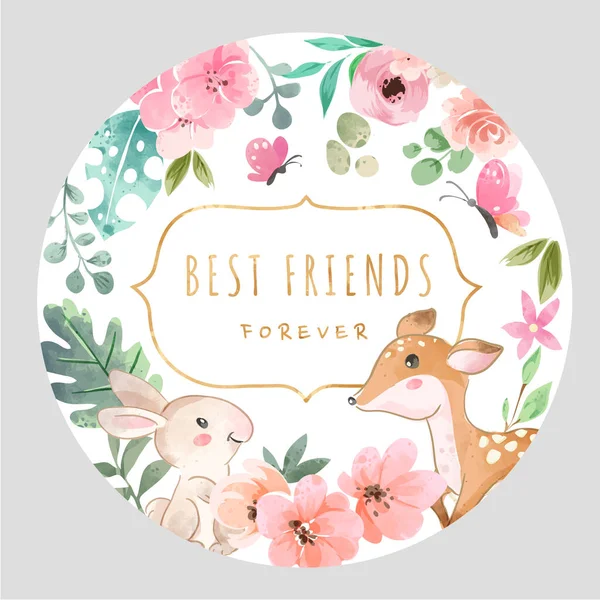 Meilleur Slogan Des Amis Avec Des Fleurs Colorées Des Animaux — Image vectorielle