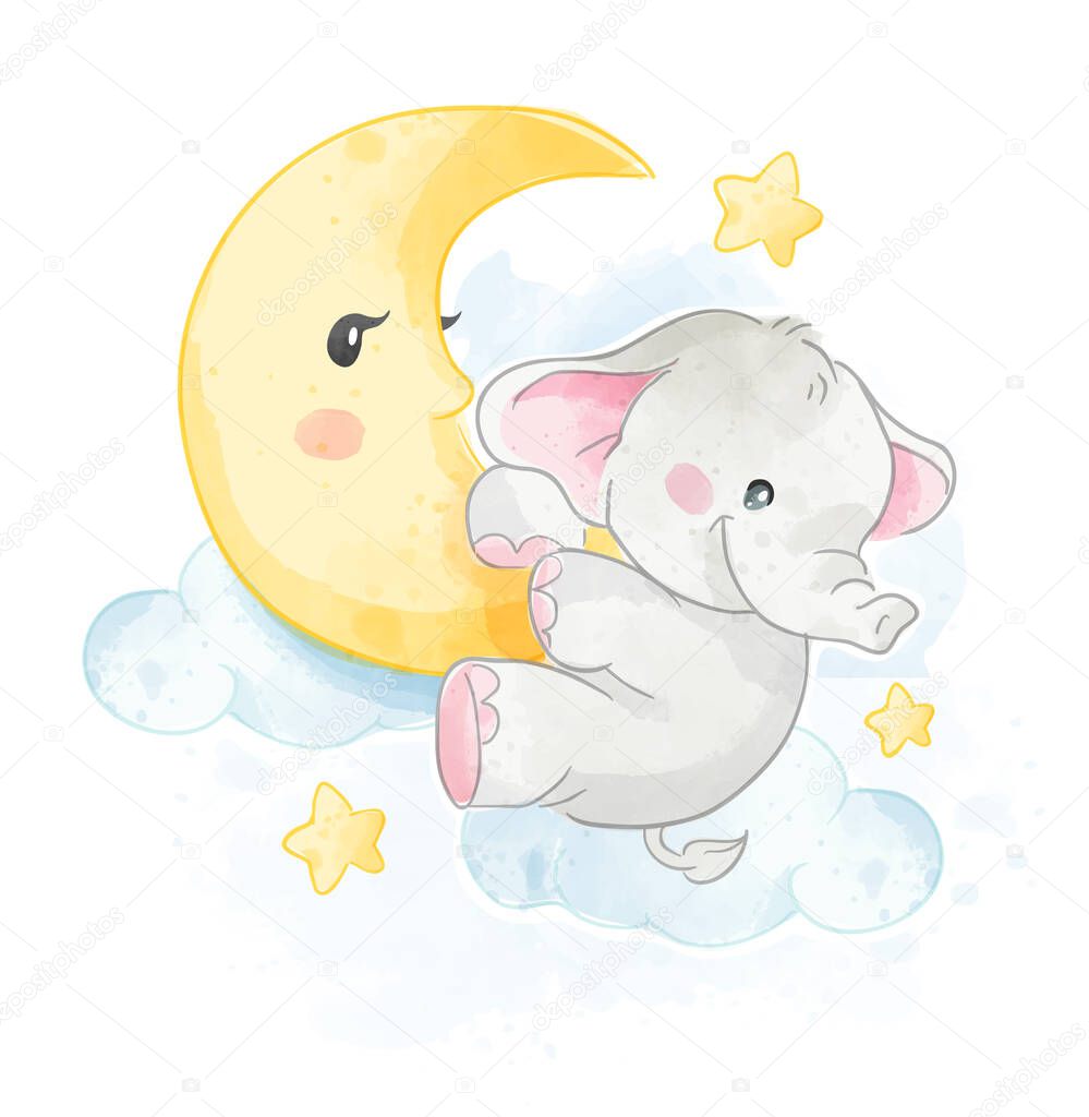 Cartoon Cute Elephant Hanging on the Moon Illustration