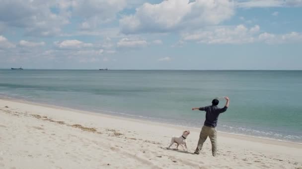 Молодий чоловік грає зі своїм собакою на пляжі — стокове відео