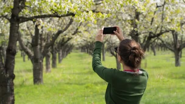 Вид сзади на молодую кавказскую женщину в природе, фотографирующую со своего смартфона — стоковое видео
