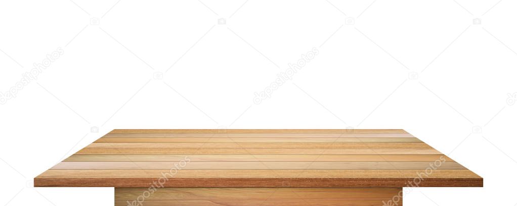 Empty wooden table top isolated on white background. with clipping path.