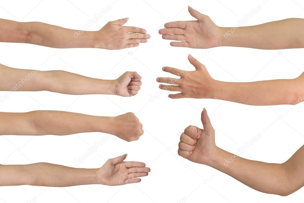 Multiple male hand gestures isolated on white background. with clipping path