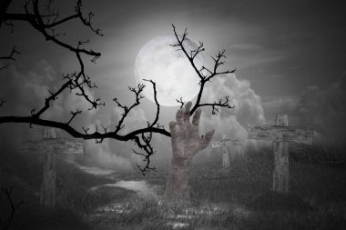 Cadılar Bayramı konsepti: dolunay gecesi mezardan çıkan zombi eli. Ürkütücü Gece arkaplanı. 