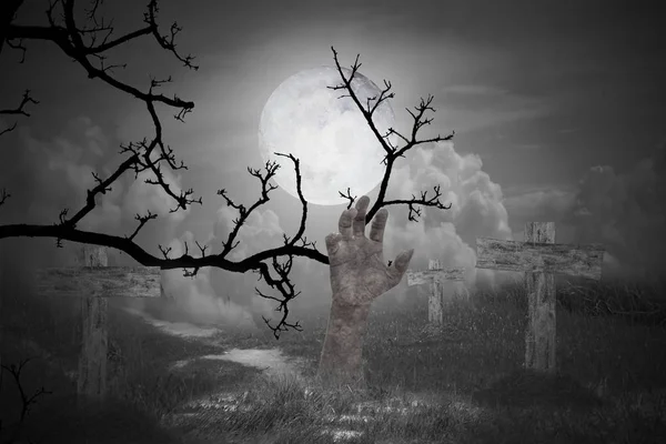 Conceito Halloween Mão Zumbi Saindo Sepultura Noite Lua Cheia Noite — Fotografia de Stock