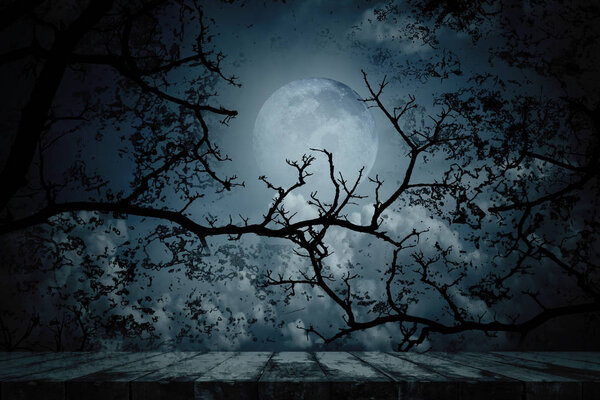 Scary horror background with empty wooden planks. Spooky forest in full moon night.
