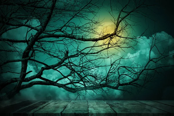 Halloween Concept Spooky Forest Dead Trees Wooden Table Dark Horror — Stock Photo, Image