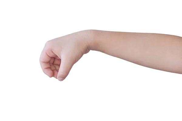 Παιδί Κορίτσι Δείχνουν Χέρι Χειρονομία Πιάσει Απομονώνονται Λευκό Φόντο Μονοπάτι — Φωτογραφία Αρχείου