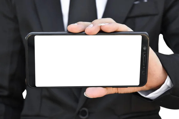 Close Businessman Hold Blank Screen Smartphone Hand Isolated White Background — Stock fotografie