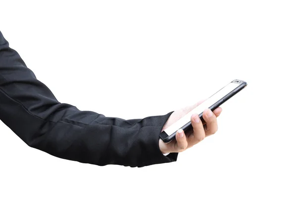 Podnikatel Ruka Drží Mobilní Smartphone Izolované Bílém Pozadí Oříznutou Cestou — Stock fotografie