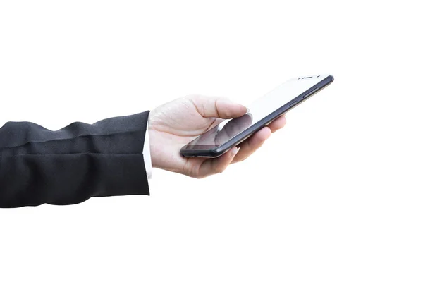 Biznesmen Trzyma Telefon Komórkowy Białym Tle Ścieżką Wycinania — Zdjęcie stockowe